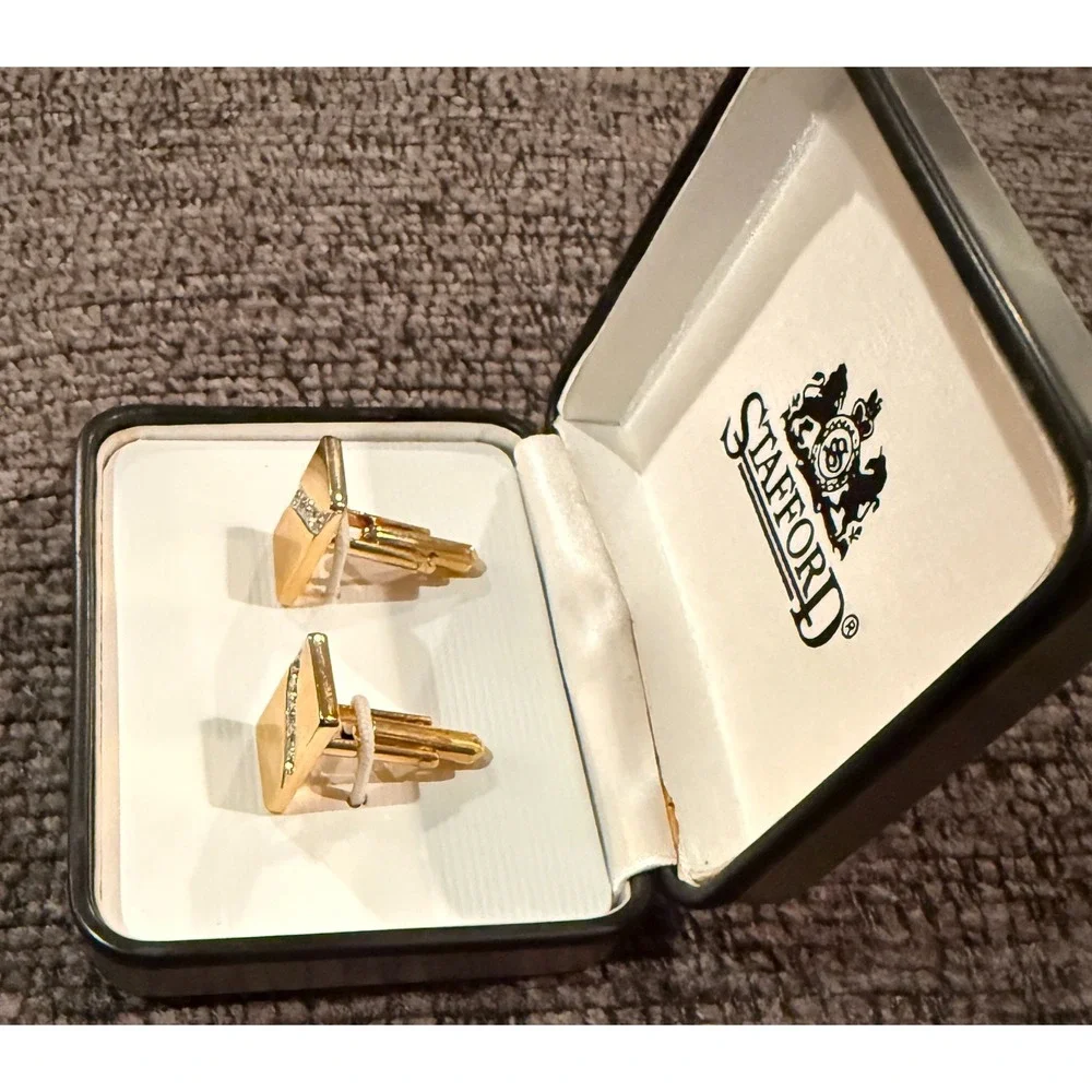 Vintage Stafford Gold Tone Rhinestone Rectangle Enamel Cufflinks Original Box
